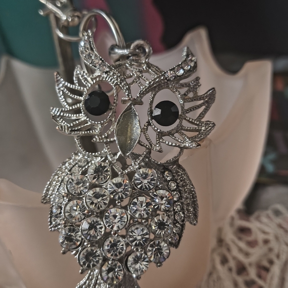 Silver Tone Owl Bling Purse Charm Or Key Chain Pendant Repurposed Jewelry - Picture 2 of 3